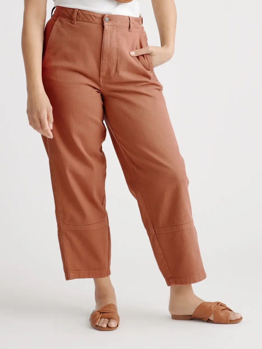 Quince Organic Stretch Cotton Twill Barrel Pants Size 16 Rust High Rise Tapered